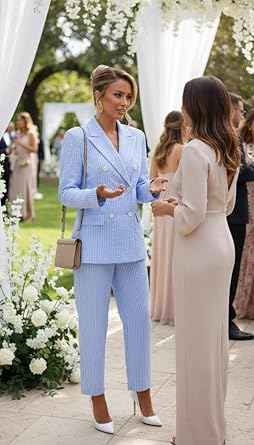 Striped Suits for Women 2 Piece Double Breasted Blazer and Wide Leg Pants Seersucker Summer Wedding Womens Suit