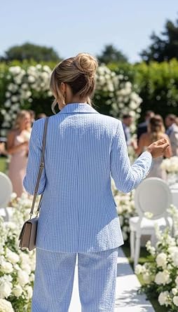 Striped Suits for Women 2 Piece Double Breasted Blazer and Wide Leg Pants Seersucker Summer Wedding Womens Suit
