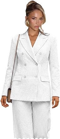 Striped Suits for Women 2 Piece Double Breasted Blazer and Wide Leg Pants Seersucker Summer Wedding Womens Suit