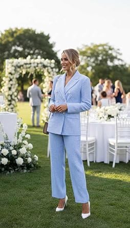 Striped Suits for Women 2 Piece Double Breasted Blazer and Wide Leg Pants Seersucker Summer Wedding Womens Suit