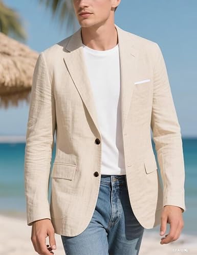 Men's Linen Cotton Blazer Casual Lightweight Sport Coats Summer Jacket Wedding Business