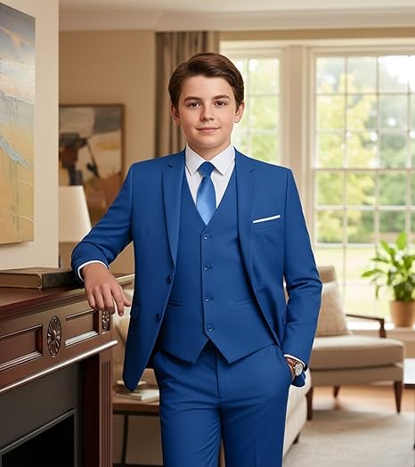 Boys Formal Suit 4 Piece Set Classic Fit Wedding Tuxedo with Jacket Vest Shirt Pants Tie for Kids