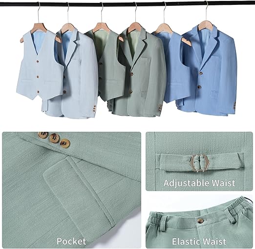 Boys Linen Suit Casual Summer 3 Piece Slim Fit Suit Breathable Kids Teen boy Jacket Vest Pant